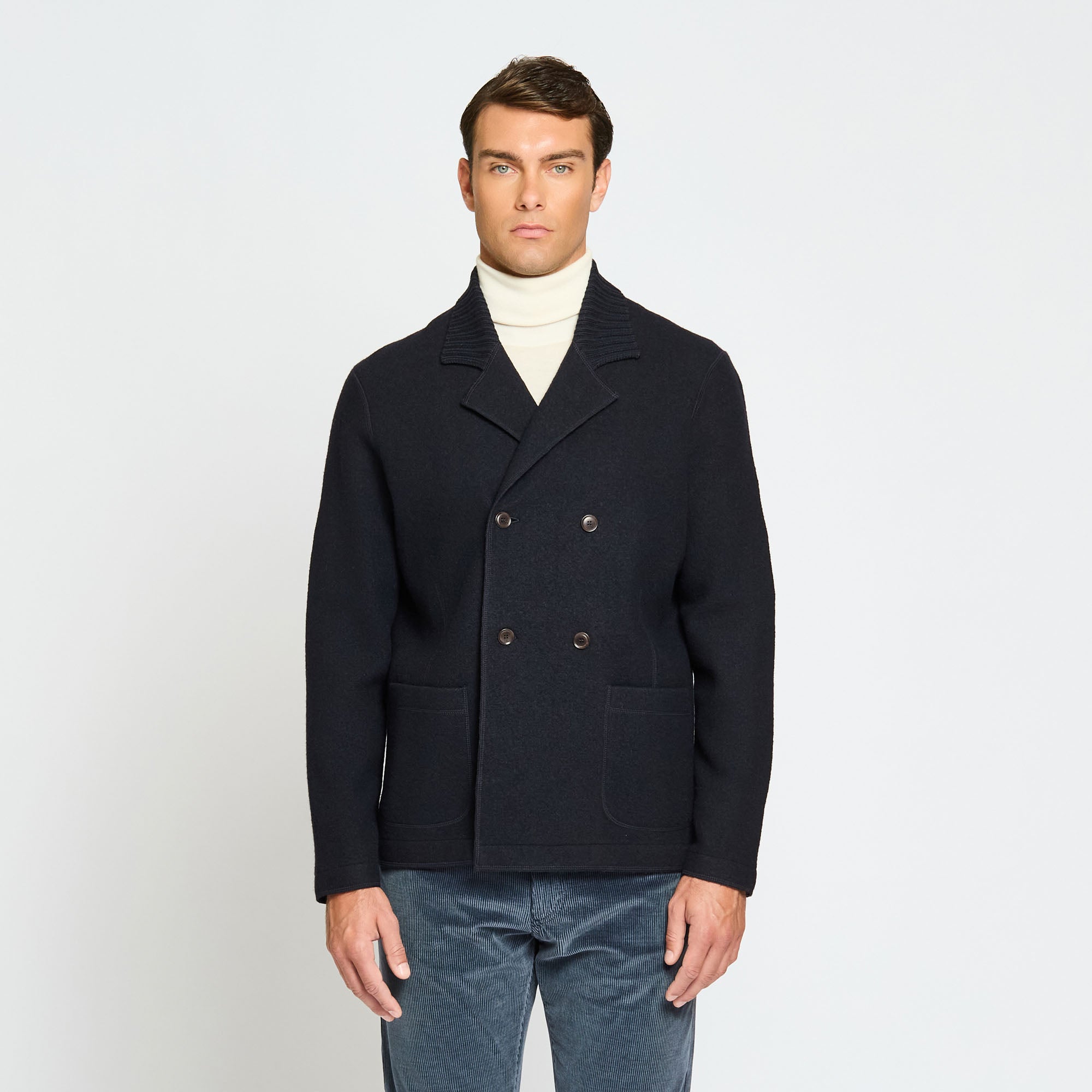 Double Breasted Jacket with Knitted Collar