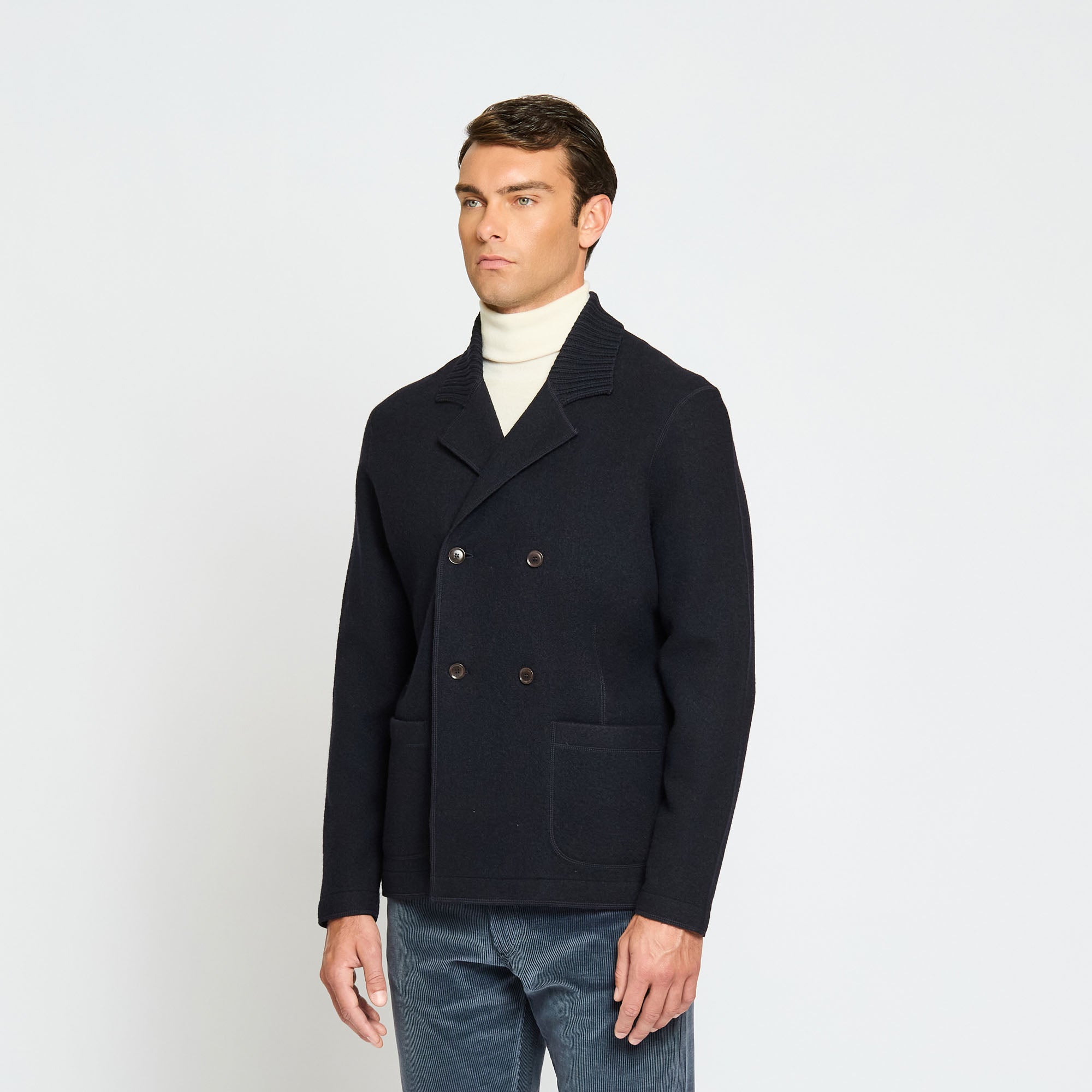 Double Breasted Jacket with Knitted Collar